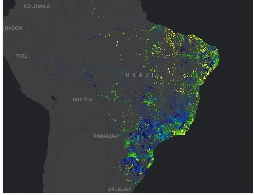 Map of Brazil with one coloured dot per customer location, dense along the south-east coast.